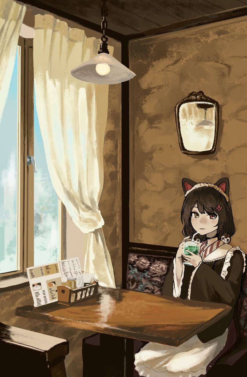1girl absurdres booth_seating brown_eyes brown_hair cafe ceiling_light cup curtains drink drinking drinking_glass drinking_straw highres inui_toko maid meanstreet menu nijisanji scenery solo table virtual_youtuber window wooden_table