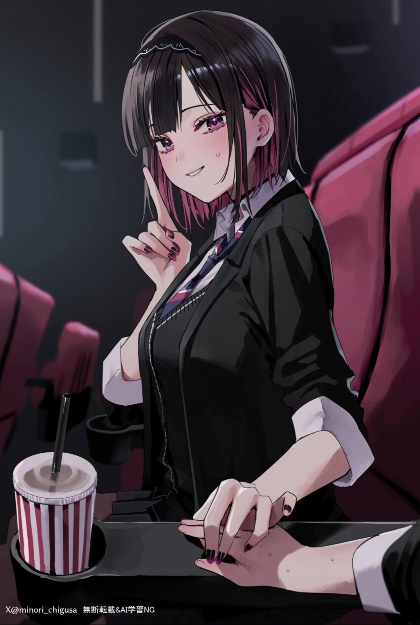 2girls black_choker black_hair black_hairband black_jacket black_nails black_sweater blue_necktie blush chigusa_minori choker collared_shirt colored_inner_hair commentary_request cup diagonal-striped_clothes diagonal-striped_necktie disposable_cup dress_shirt finger_to_mouth gradient_nails hairband highres holding_hands indoors jacket looking_at_viewer movie_theater multicolored_hair multiple_girls nail_polish necktie pink_eyes purple_eyes purple_nails saotome_shino_(shino_to_ren) school_uniform shino_to_ren shirayuki_ren shirt short_hair shushing striped_clothes sweatdrop sweater three-quarter_sleeves translation_request white_shirt