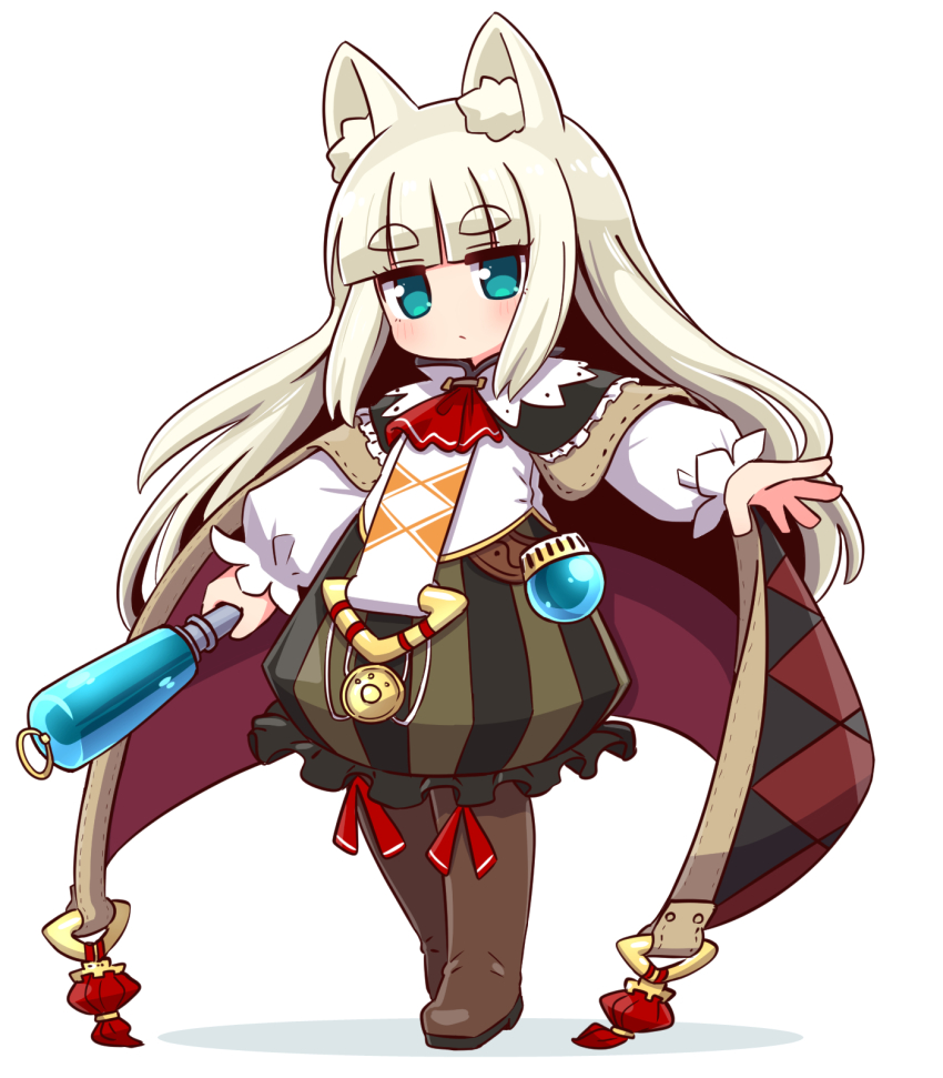 1girl 7th_dragon 7th_dragon_(series) animal_ear_fluff animal_ears black_cloak blunt_bangs blush boots brown_boots chibi cloak closed_mouth frilled_skirt frills full_body grey_hair highres holding ikurakun_(7th_dragon) long_hair long_sleeves mage_(7th_dragon) naga_u puffy_long_sleeves puffy_sleeves shadow shirt short_eyebrows simple_background skirt solo standing striped_clothes striped_skirt thick_eyebrows thigh_boots vertical-striped_clothes vertical-striped_skirt very_long_hair white_background white_shirt