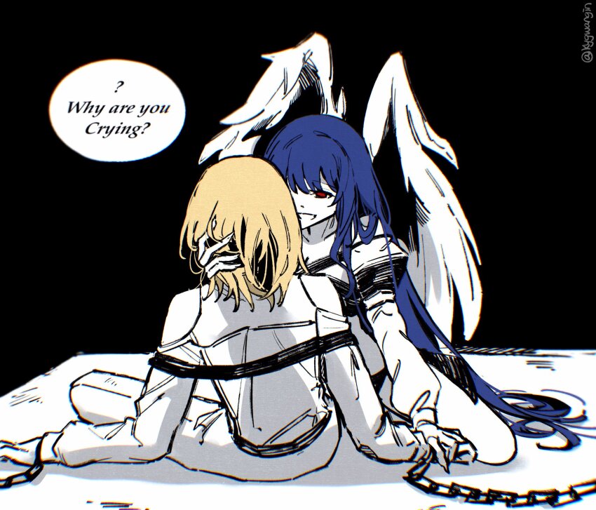1boy 1girl alternate_hairstyle angel_wings black_background blonde_hair blue_hair bound bound_wrists brushing_hair chain dark_persona dizzy_(guilty_gear) english_text evil_smile guilty_gear half-closed_eyes hand_in_another&#039;s_hair hand_on_another&#039;s_hand hands_in_hair highres ky_gwangin ky_kiske long_hair looking_at_another medium_hair red_eyes restrained sitting smile spot_color very_long_hair wings yandere