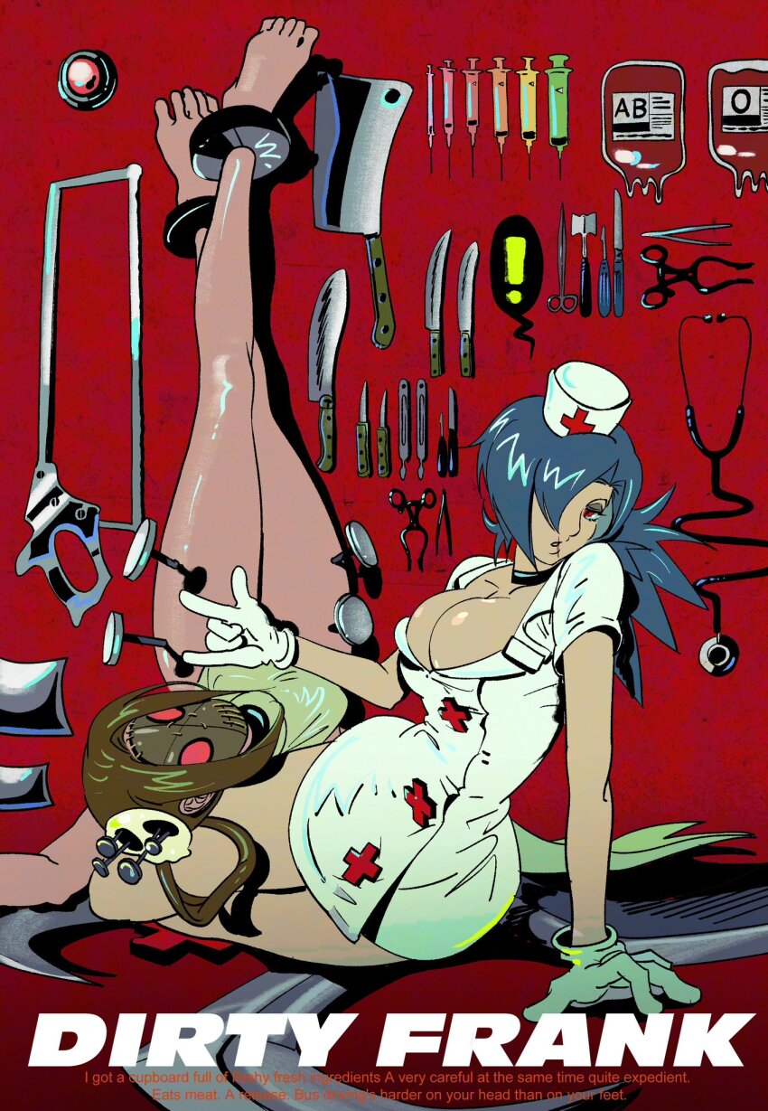 2girls baboogii barefoot blood blood_bag blue_hair breasts brown_hair butcher_knife choker cleaver cuffs gloves hair_over_one_eye hat highres knife large_breasts latex latex_gloves looking_at_viewer lying mask multiple_girls nail_(hardware) nurse_cap painwheel_(skullgirls) parted_lips ponytail red_background red_eyes saw scalpel scar scar_on_face scissors shackles sitting sitting_on_person skullgirls stethoscope syringe valentine_(skullgirls)