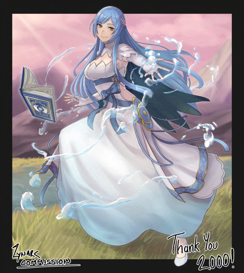 1girl black_border blue_bow blue_hair blunt_ends book border bow breasts cleavage commentary commission dress english_commentary eyelashes fire_emblem fire_emblem_fates floating floating_book floating_object grass highres large_breasts long_dress long_hair lynarc nintendo open_book original outside_border parted_bangs smile solo very_long_hair water white_dress yellow_eyes