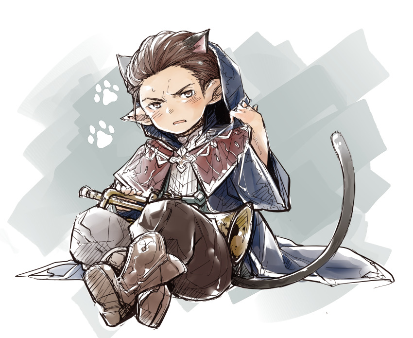 1boy animal_ears blush boots brown_boots brown_hair cat_ears cat_tail cloak commentary_request granblue_fantasy highres holding holding_instrument holding_trumpet hood hood_up hooded_cloak iha_tobu instrument katzelia looking_at_viewer male_focus paw_print pointy_ears sitting tail trumpet