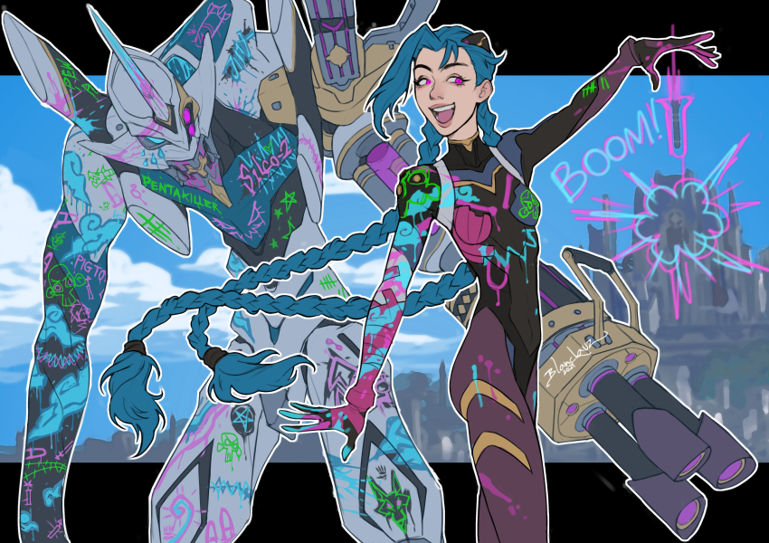1girl 1other absurdres blanclauz blue_hair blurry blurry_background castle cityscape eva_02 gatling_gun graffiti highres jinx_(league_of_legends) league_of_legends long_hair looking_to_the_side mecha mecha_pilot_suit missile neon_genesis_evangelion paint_splatter pink_eyes plugsuit_(evangelion) pop_filter robot skull sound_effects spray_paint tally very_long_hair