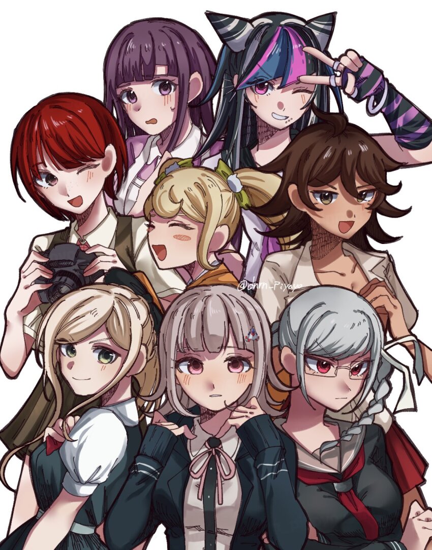 6+girls black_hair blonde_hair blue_hair breasts brown_hair cleavage collared_shirt danganronpa_(series) danganronpa_2:_goodbye_despair dark-skinned_female dark_skin ear_piercing flipped_hair hair_horns hair_ornament highres hood jacket koizumi_mahiru large_breasts long_hair long_sleeves looking_at_viewer medium_hair mioda_ibuki mono_shiri_hakase multicolored_hair multiple_girls nanami_chiaki neck_ribbon open_clothes open_jacket open_mouth owari_akane pekoyama_peko piercing pink_eyes pink_hair pink_ribbon pleated_skirt ribbon sailor_collar saionji_hiyoko school_uniform serafuku shirt short_hair short_sleeves skirt smile sonia_nevermind teeth tsumiki_mikan white_hair white_shirt