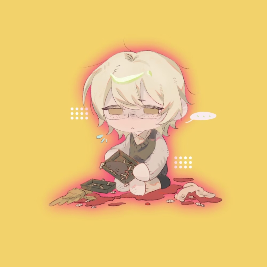 ... 1boy :&lt; bai_ling_(touqi_guaitan) black_sweater blonde_hair blood box chinese_commentary closed_mouth collared_shirt commentary_request dead_animal deformed freckles glasses grey_sleeves highres holding holding_box kneeling long_sleeves maggot male_focus rectangular_eyewear semi-rimless_eyewear shirt short_hair socks solo speech_bubble spoken_ellipsis sweater touqi_guaitan two-tone_sweater yellow_background yellow_eyes yellow_shirt yellow_socks yunge