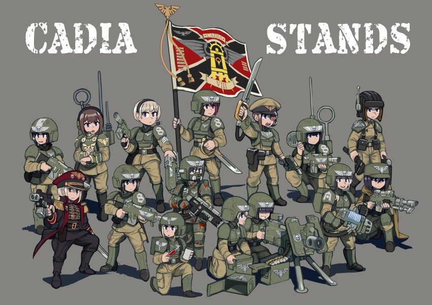 6+girls absurdres ammunition_belt ammunition_box armor artificial_eye astra_militarum battle_standard bolter commissar directed-energy_weapon energy_gun energy_weapon english_text erica_(naze1940) flag gas_mask glowing glowing_weapon grenade_launcher grey_background gun hat helmet highres holding holding_flag holding_syringe holding_wrench laser_gun laser_weapon lasgun mask mechanical_eye military military_uniform mouth_mask multiple_girls pauldrons peaked_cap plasma_gun plasma_rifle radio radio_antenna rifle saber_(weapon) shoulder_armor sniper_rifle sword syringe war_flag warhammer_40k weapon wrench