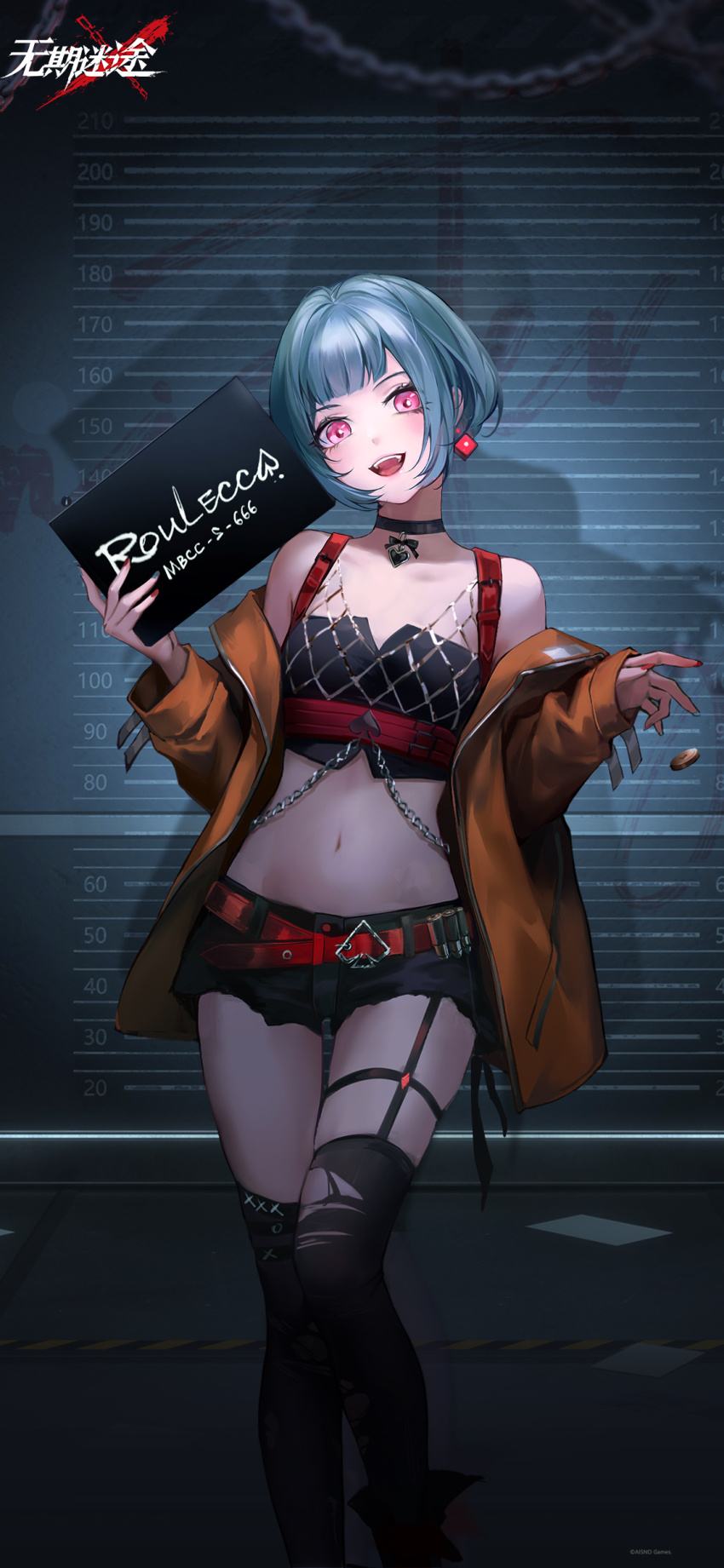 1girl :d absurdres against_wall ankle_boots bare_shoulders belt black_boots black_choker black_shorts black_tank_top black_thighhighs blue_hair blunt_bangs bob_cut boots chain character_name choker coin copyright_name crop_top cube_earrings feet_out_of_frame flat_chest garter_straps head_tilt heart heart_choker height_mark highres holding holding_sign indoors jacket logo long_sleeves looking_at_viewer mugshot navel off_shoulder official_art official_wallpaper open_clothes open_jacket open_mouth orange_jacket path_to_nowhere pink_eyes prison_clothes red_belt red_nails roulecca_(path_to_nowhere) short_hair short_shorts shorts sign single_garter_strap smile solo stomach tank_top teeth thighhighs torn_clothes torn_thighhighs upper_teeth_only