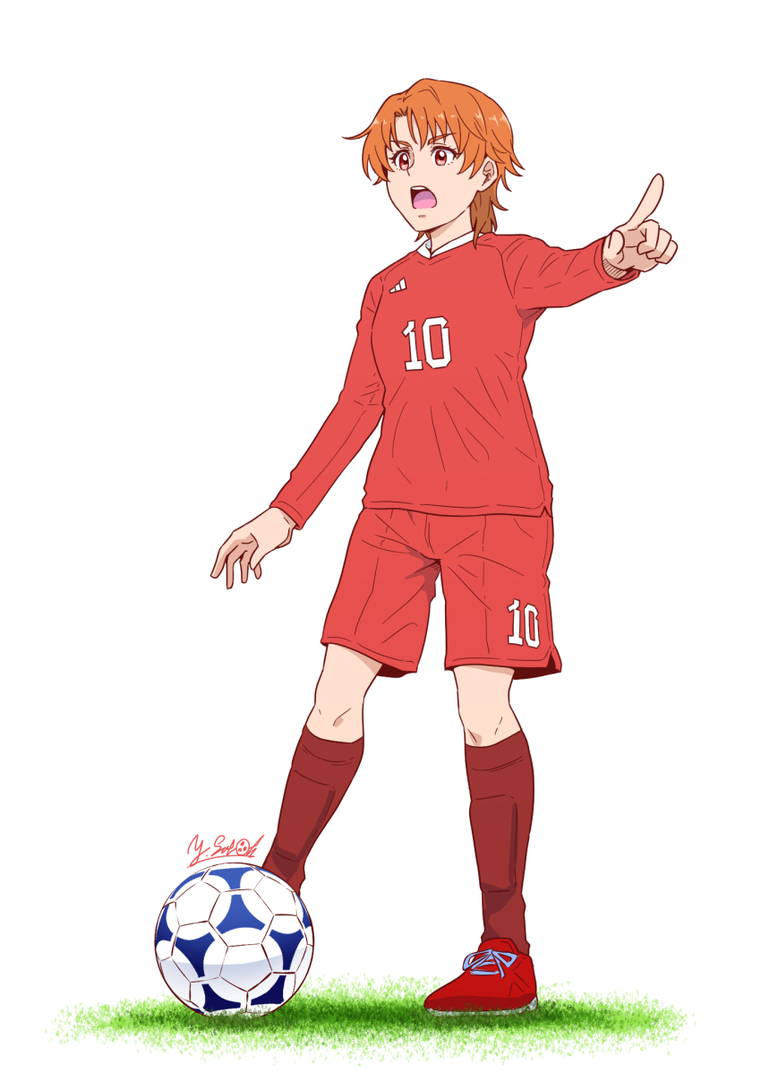 1girl artist_name ball commentary_request frown grass highres kibou_no_chikara_otona_precure_&#039;23 long_sleeves looking_to_the_side natsuki_rin open_mouth orange_hair pointing precure red_eyes red_shirt red_shoes red_shorts red_socks satou_yasu shirt shoes short_hair shorts signature soccer soccer_ball soccer_uniform socks solo sportswear standing white_background yes!_precure_5 yes!_precure_5_gogo!