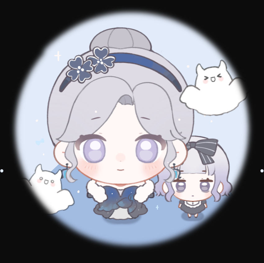2girls bags_under_eyes baonu_de_zhanshen_caibutou bare_arms bare_legs black_border black_bow black_dress black_gloves black_shoes blue_dress blue_flower blue_hairband border bow buttons chibi chinese_commentary closed_mouth commentary_request diamond_earrings dot_nose dress earrings exhausted eyelashes flower frilled_dress frills from_above fur_shawl ghost gloves gradient_clothes gradient_dress grey_hair hair_bow hair_bun hair_flower hair_ornament hairband hallway happy height_difference highres indoors infinity_nikki jewelry light_blush livie_(infinity_nikki) long_dress meme meme_request multiple_girls nikki_(series) parted_bangs procreate_(medium) puffy_short_sleeves puffy_sleeves purple_eyes purple_hair round_border shadow shawl shirt shirt_under_dress shoes short_dress short_hair short_sleeves single_hair_bun smile sparkle spectral_mist_(infinity_nikki) striped_bow textless_version updo white_shawl white_shirt