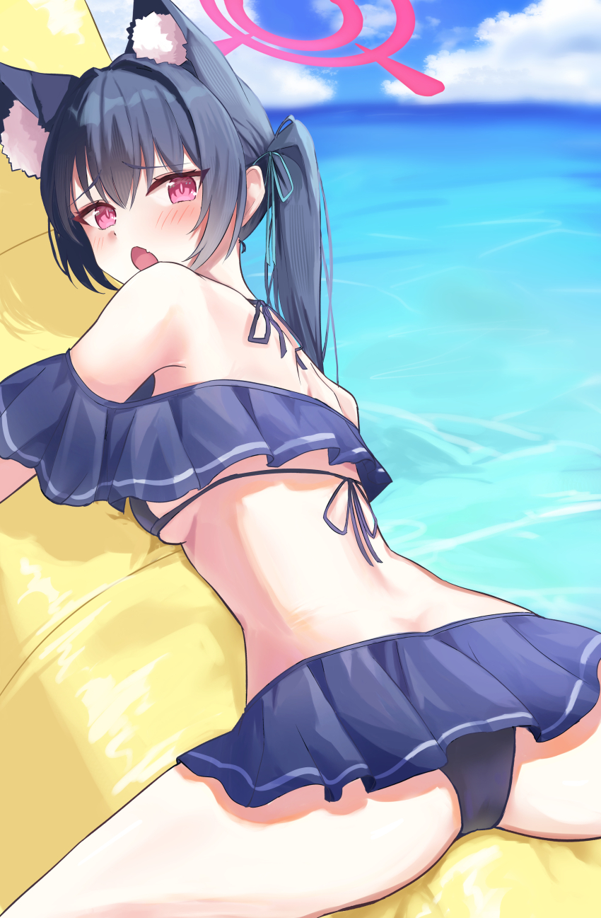 1girl :o absurdres animal_ear_fluff animal_ears ass back banana_boat bare_shoulders bikini black_bikini blue_archive blue_ribbon blush breasts cat_ears cat_girl clenched_hand commentary cowboy_shot day dutch_angle embarrassed extra_ears fang frilled_bikini frills from_behind fujiwara_haru_(nekonote) furrowed_brow hair_between_eyes hair_intakes hair_ribbon halo highres long_hair looking_at_viewer looking_back lying ocean off-shoulder_bikini off_shoulder official_alternate_costume on_stomach open_mouth outdoors pink_halo red_eyes red_pupils ribbon serika_(blue_archive) serika_(swimsuit)_(blue_archive) sidelocks skin_fang skindentation slit_pupils small_breasts solo spread_legs straight_hair swimsuit tsurime twintails