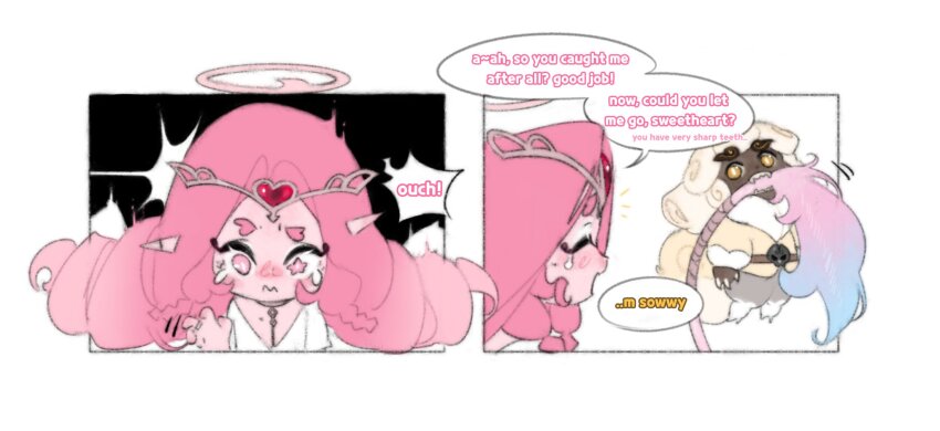 1girl 1other angel cloud_haetae_cookie colored_skin cookie_run cookie_run:_kingdom demon_girl dress eternal_sugar_cookie highres komainu long_hair looking_at_another looking_at_viewer midlle4 pink_eyes pink_hair pink_skin