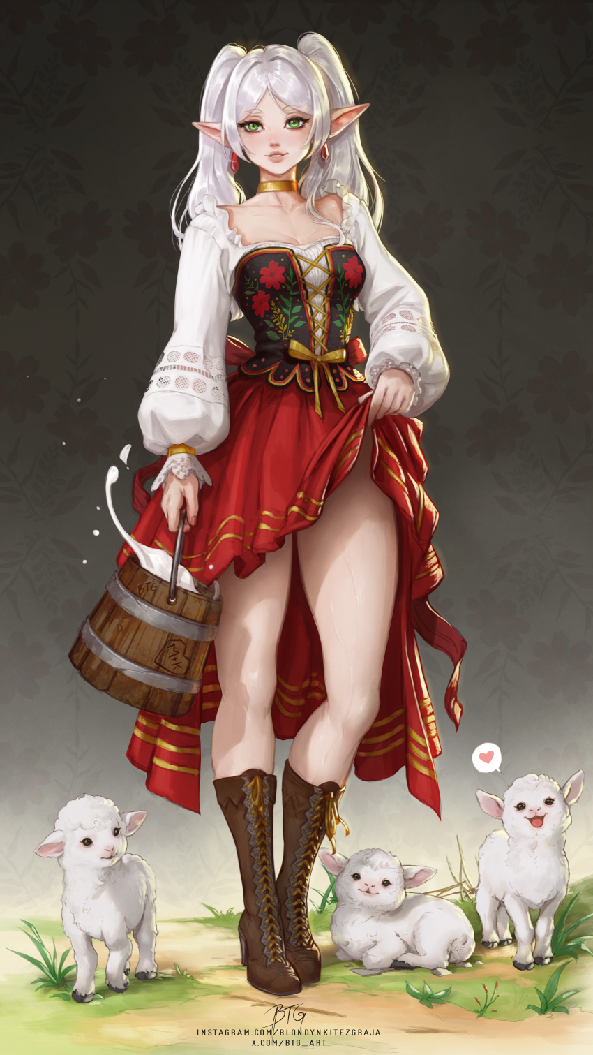 1girl absurdres animal blondynkitezgraja boots breasts brown_boots bucket clothes_lift commentary earrings elf english_commentary floral_background floral_print frieren full_body gold_choker grass green_eyes grey_hair grin heart highres instagram_username jewelry lamb lifting_own_clothes long_hair long_pointy_ears long_sleeves looking_at_viewer medium_breasts milk parted_bangs pointy_ears polish_clothes puffy_long_sleeves puffy_sleeves red_skirt sheep shirt signature skirt skirt_lift smile solo sousou_no_frieren spoken_heart standing twintails twitter_username watermark web_address white_shirt wooden_bucket