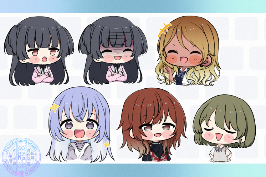 5girls aketa_mikoto black_hair blonde_hair blue_hair blush blush_stickers brown_hair chain chain_necklace chibi commentary_request cropped_torso crossed_arms false_smile gradient_hair green_hair gyaru idolmaster idolmaster_shiny_colors izumi_mei jacket jewelry jirai_kei kogal letterboxed mayuzumi_fuyuko multicolored_hair multiple_girls multiple_views nanakusa_nichika necklace pink_jacket school_uniform shaded_face smile sparkle suzuki_hana upper_body watermark yukiwanabiku