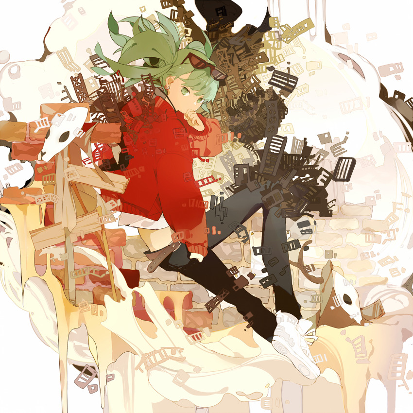 1girl belt black_pants brick_wall chain commentary earrings eyewear_on_head floating_hair from_side full_body green_eyes green_hair hand_up hatsune_miku highres jacket jewelry junk knee_up long_hair long_sleeves looking_at_viewer mask midriff n79oqc3yja6jlof necklace pants red_jacket ruins sand shirt shoes short_twintails sleeves_past_wrists smoke sneakers solo suna_no_wakusei_(vocaloid) sunglasses twintails vocaloid white_shirt white_shoes
