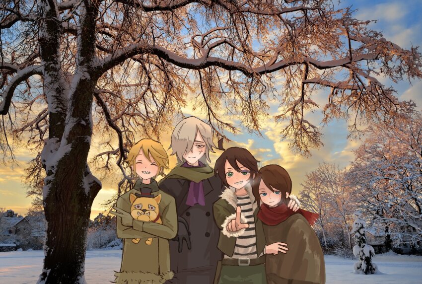 4boys andrew_kreiss animal blonde_hair blue_eyes brown_hair closed_eyes cloud cloudy_sky coat dog edgar_valden fog green_eyes green_scarf grey_hair hair_over_one_eye highres holding holding_animal holding_dog identity_v jacket luca_balsa matchavon multiple_boys one_eye_covered open_clothes pet photo-referenced photo_(medium) poncho red_eyes red_scarf scarf shirt sky snowing stitched_mouth stitches striped_clothes striped_shirt sweater tree v victor_grantz white_hair winter winter_clothes winter_coat
