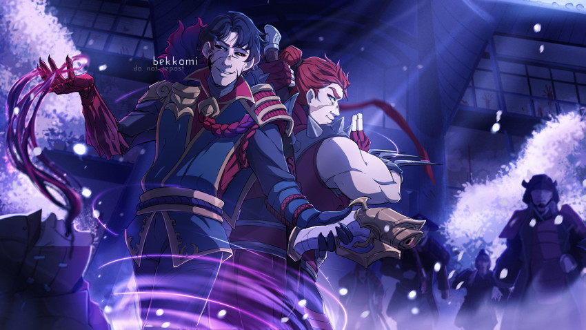 6+boys armor artist_name back-to-back bekkomi black_hair black_pants black_sclera blood blood_moon_jhin blood_moon_shen blue_eyes colored_sclera commentary cowboy_shot fingerless_gloves gloves glowing glowing_eyes grin gun hair_bun highres holding holding_weapon jhin league_of_legends long_sleeves magic multiple_boys muscular muscular_male no_mask outdoors pants petals red_eyes red_gloves red_hair rope samurai shen_(league_of_legends) short_hair single_hair_bun smile standing teeth tree watermark weapon weapon_on_back