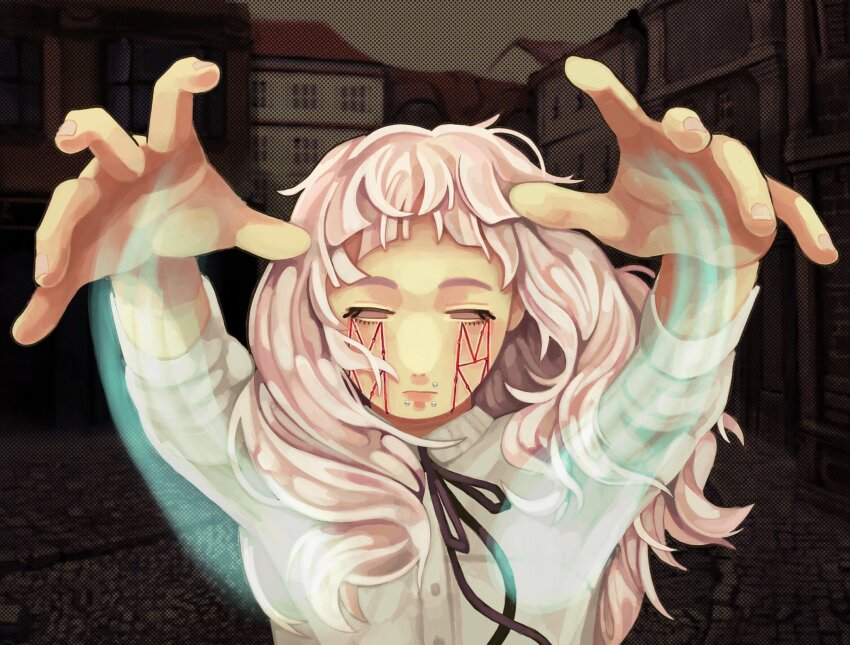 1girl black_ribbon closed_eyes closed_mouth commentary dark_background facial_tattoo facing_viewer fear_&amp;_hunger_(series) fear_&amp;_hunger_2:_termina helllst4r highres long_hair long_sleeves magic marina_(fear_&amp;_hunger) mouth_piercing neck_ribbon outstretched_arms pink_hair ribbon shirt solo tattoo town upper_body white_shirt