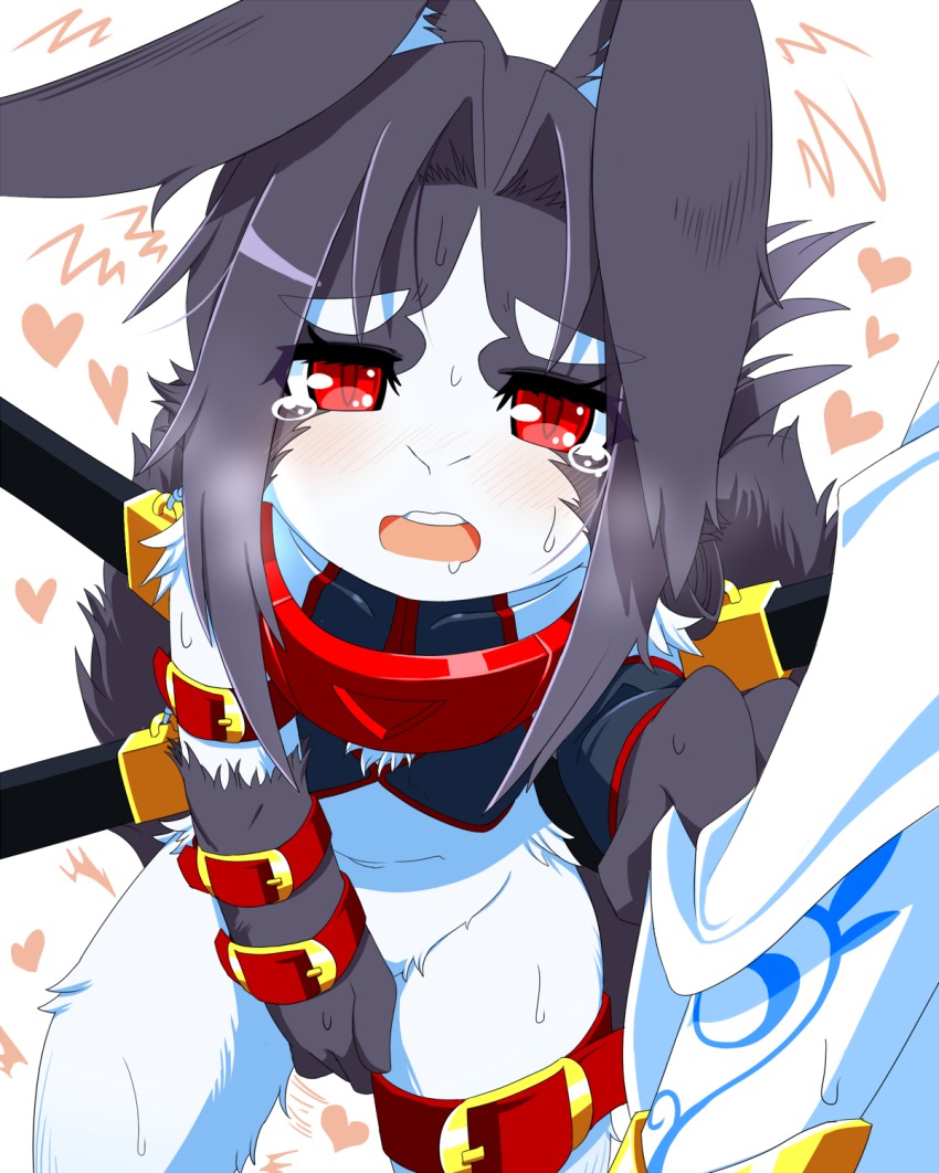 1girl androgynous black_hair female_focus furry furry_female goushu highres long_hair open_mouth rabbit red_eyes solo tears white_background