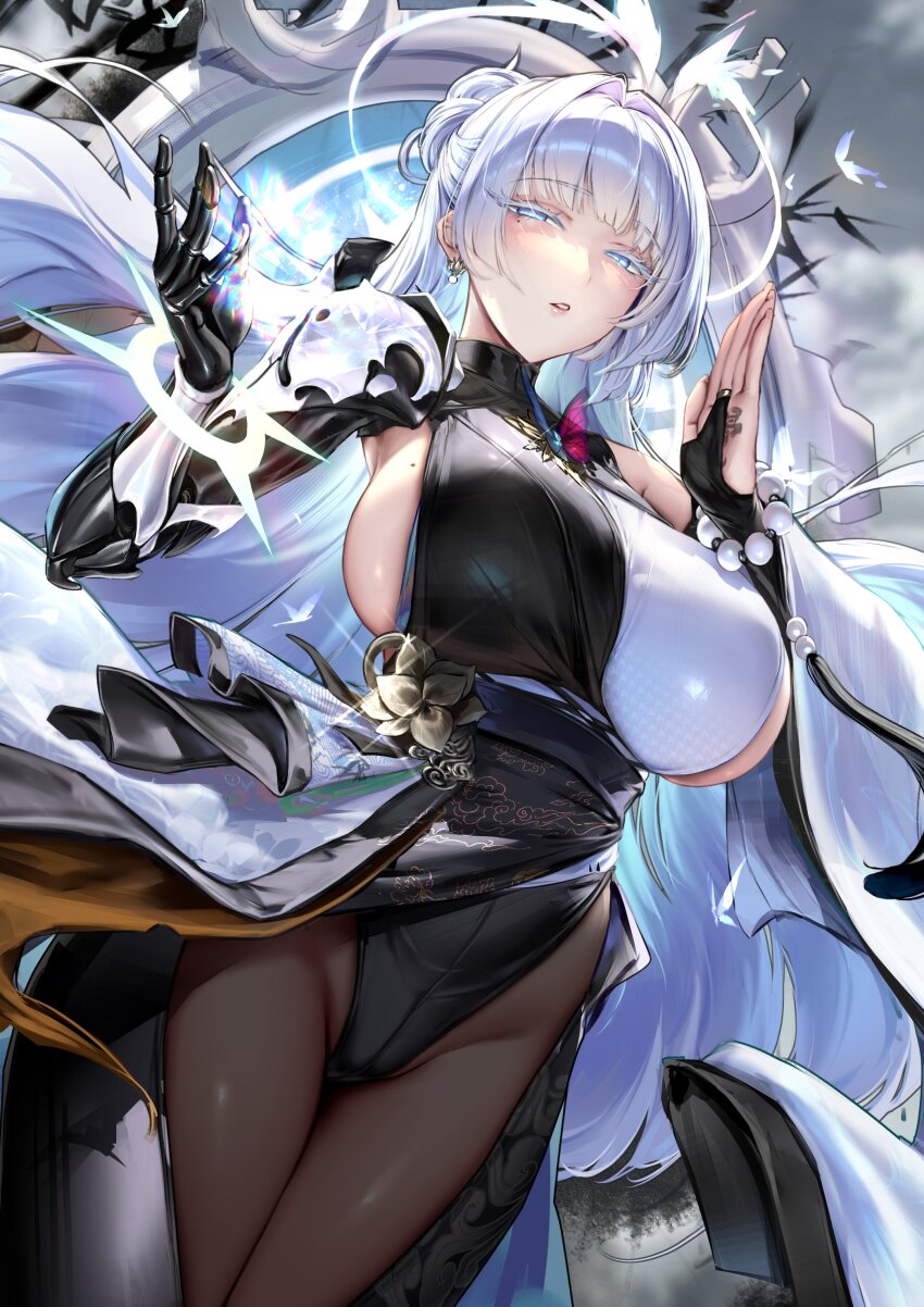 1girl absurdres black_leotard black_pantyhose blue_eyes blush breasts bridal_gauntlets cian_yo earrings goddess_of_victory:_nikke hand_up highres jewelry large_breasts leotard long_hair mechanical_arms mole mole_on_breast mole_under_eye nayuta_(nikke) pantyhose parted_lips sideboob solo thighs white_hair