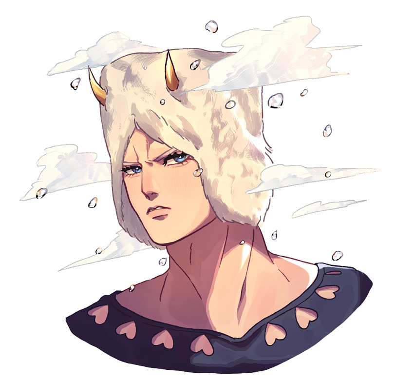1boy blue_eyes cloud fake_horns fur_hat hail hat horned_hat horned_headwear horns jojo_no_kimyou_na_bouken male_focus portrait siniy solo stone_ocean weather_report