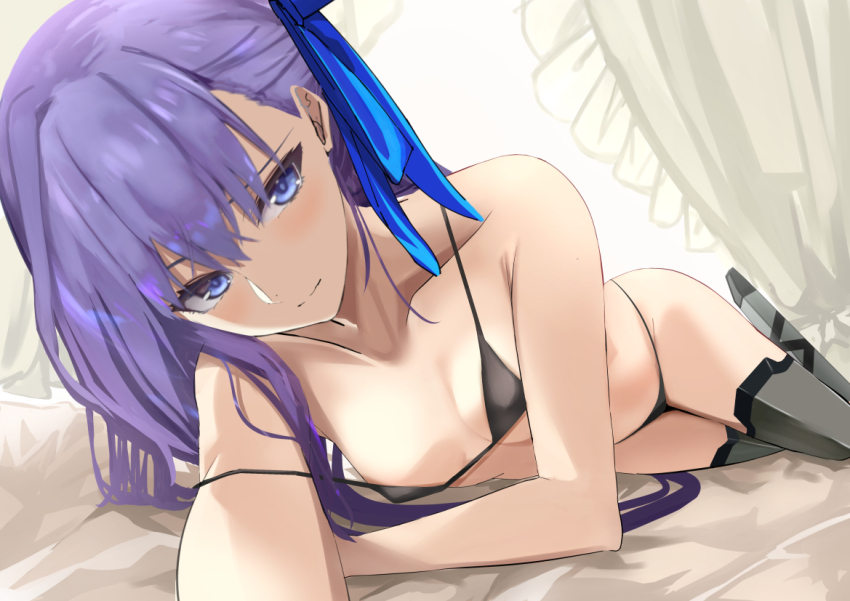 1girl amp amputee bare_shoulders bikini black_bikini blue_eyes blue_ribbon blush breasts choker collarbone fate/grand_order fate_(series) foreshortening hair_ribbon kesoshirou long_hair looking_at_viewer lying meltryllis meltryllis_(fate) meltryllis_(swimsuit_lancer)_(fate) meltryllis_(swimsuit_lancer)_(first_ascension)_(fate) on_side prosthesis prosthetic_leg purple_hair ribbon small_breasts solo swimsuit thighs very_long_hair