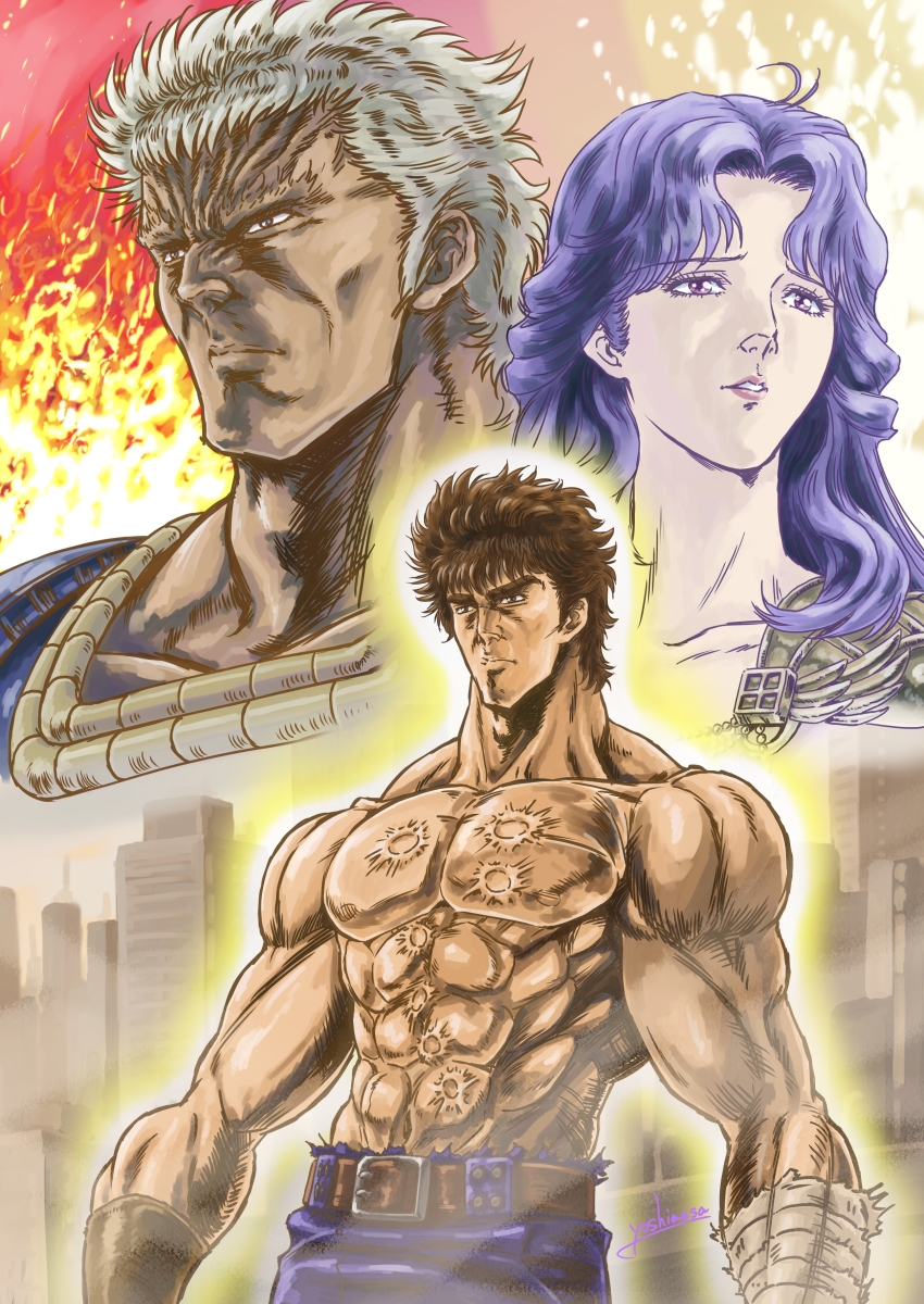 1girl 2boys absurdres bandages bandaged_arm bandages blue_pants brown_hair collarbone highres hokuto_no_ken kenshiro male_focus multiple_boys muscular pants parted_lips purple_hair raoh_(hokuto_no_ken) scar signature silver_hair yoshinaga_masahiro yuria_(hokuto_no_ken)