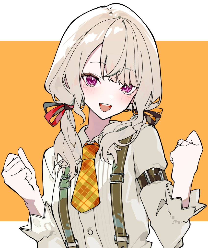 1girl absurdres amopui blonde_hair blush facial_mark hair_ribbon highres komori_met komori_met_(6th_costume) long_sleeves looking_at_viewer necktie open_mouth orange_background orange_necktie purple_eyes ribbon solo teeth two-tone_background upper_teeth_only virtual_youtuber vspo! white_background