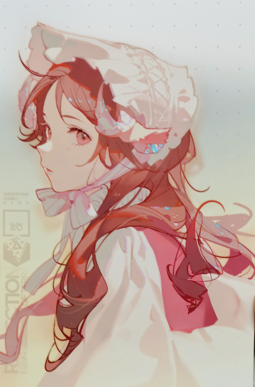1girl absurdres alternate_costume animal_ears arknights ask_(askzy) bonnet brown_hair dress eyjafjalla_(arknights) highres horns incredibly_absurdres looking_at_viewer non-web_source pink_eyes simple_background white_dress