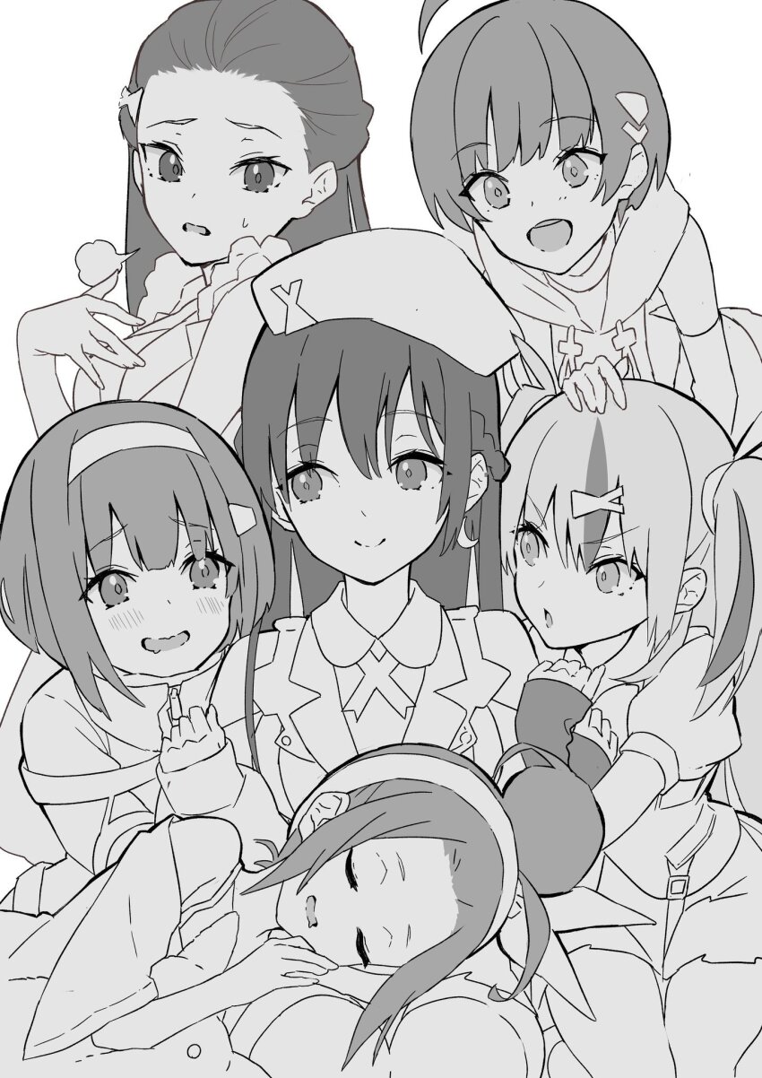 6+girls ahoge aoi_momo bangs_pinned_back beret braid closed_eyes crescent crescent_hair_ornament fish_hair_ornament forehead gloves hair_bun hair_ornament hairband half_up_braid hat heaven_burns_red highres hood hoodie long_hair monochrome multiple_girls ooshima_ichiko ooshima_isuzu ooshima_minori ooshima_muua ooshima_niina ooshima_yotsuha puffy_short_sleeves puffy_sleeves short_hair short_sleeves siblings sidelocks sisters sleeping team_31e_(heaven_burns_red) two_side_up