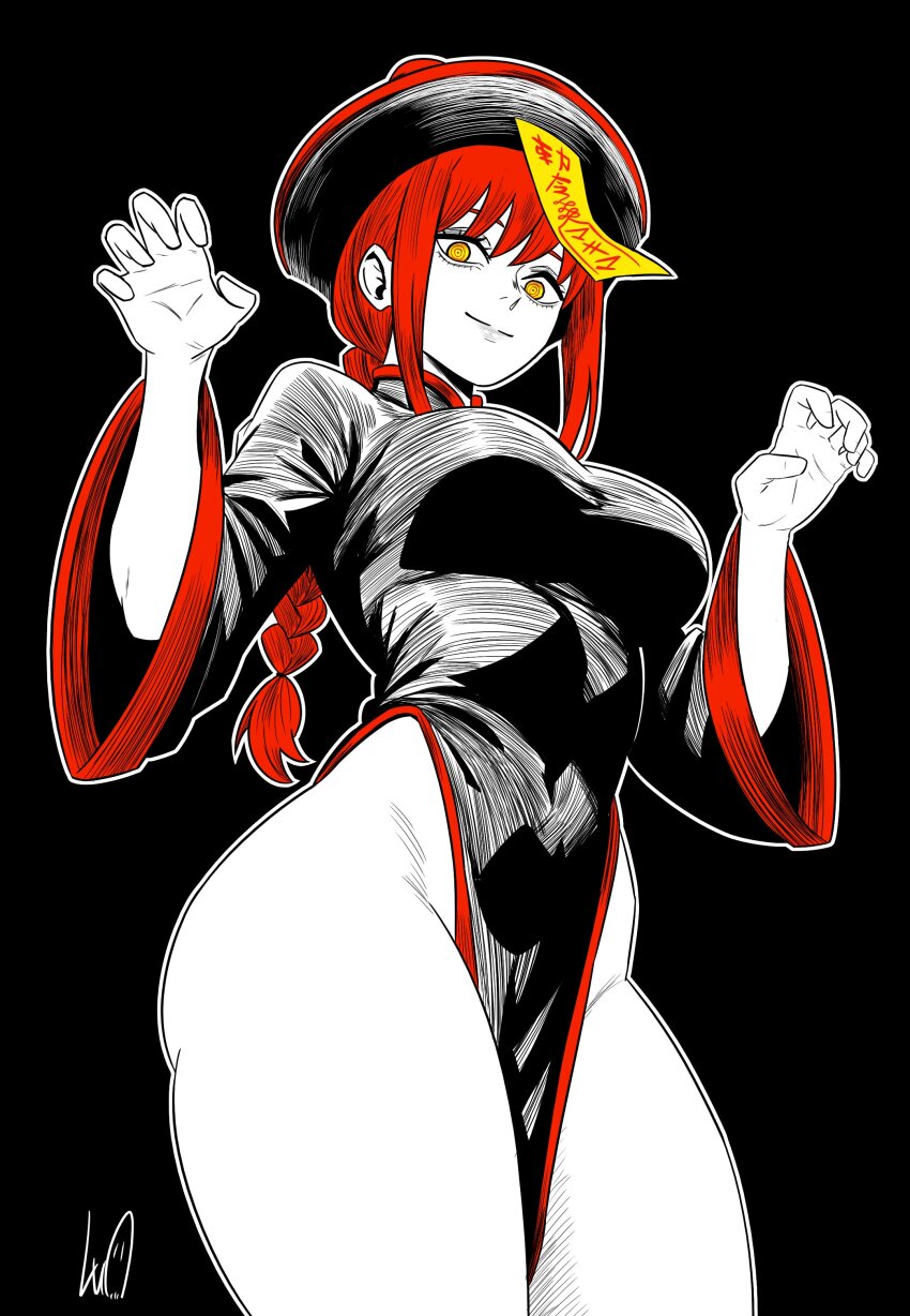 1girl absurdres braid braided_ponytail breasts chainsaw_man chinese_clothes closed_mouth coin_hair_ornament hair_ornament hat hat_ornament highres jiangshi jiangshi_costume large_breasts long_hair long_sleeves looking_at_viewer lughost makima_(chainsaw_man) medium_breasts medium_hair ofuda ofuda_on_head outstretched_arms qingdai_guanmao red_hair ringed_eyes sidelocks skirt smile solo star_(symbol) star_hat_ornament yellow_eyes zombie_pose