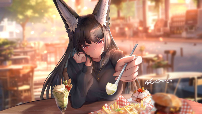 1girl absurdres animal_ears black_hair black_shirt blurry blurry_background blurry_foreground breasts burger cafe cake chinese_commentary closed_mouth commentary_request food fox_ears fox_girl french_fries gxws heart heart_necklace highres holding holding_spoon hoshimi_miyabi ice_cream jewelry large_breasts light_blush long_hair looking_at_viewer necklace outdoors pov_dating red_eyes shirt signature solo spoon sundae zenless_zone_zero
