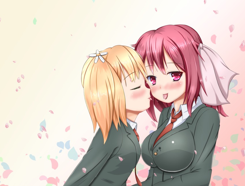 2girls :p aneten blonde_hair blush breasts brown_hair closed_eyes flower hair_flower hair_ornament highres impossible_clothes large_breasts long_hair multiple_girls necktie red_hair sakura_trick school_uniform smile sonoda_yuu takayama_haruka tongue tongue_out twintails yuri