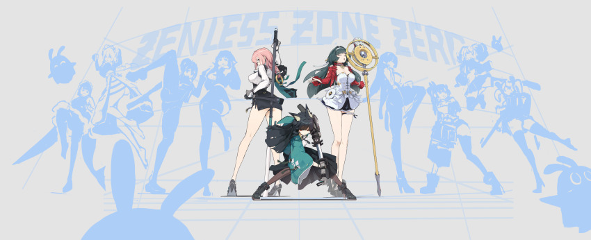6+girls :o absurdres alexandrina_sebastiane anby_demara animal_ear_fluff animal_ears aqua_jacket arm_armor arm_behind_head arm_up astra_yao bangboo_(zenless_zone_zero) black_dress black_gloves black_hair black_necktie black_ribbon black_skirt blunt_bangs blunt_ends breasts brown_pantyhose burnice_white closed_eyes commentary_request copyright_name dress earrings ellen_joe english_text fingerless_gloves floating_hair fox_ears fox_girl frilled_dress frilled_sleeves frills full_body glasses gloves hair_intakes hair_ribbon hairband high_heels highres holding holding_sword holding_weapon hoshimi_miyabi jacket jane_doe_(zenless_zone_zero) jewelry katana korean_commentary long_hair long_skirt long_sleeves looking_at_viewer looking_back making-of_available medium_breasts microphone miniskirt multicolored_dress multiple_girls music naginata necktie nicole_demara open_mouth pantyhose parted_lips pearl_choker pink_eyes pink_hair polearm ponytail pose_request red_dress red_eyes ribbon rimeye ring_hair_ornament semi-rimless_eyewear sheath shirt short_dress singing single_fingerless_glove skirt standing straight_hair sword thigh_strap tsukishiro_yanagi unsheathing very_long_hair weapon white_dress white_hairband white_ribbon white_shirt wide_sleeves zenless_zone_zero zhu_yuan
