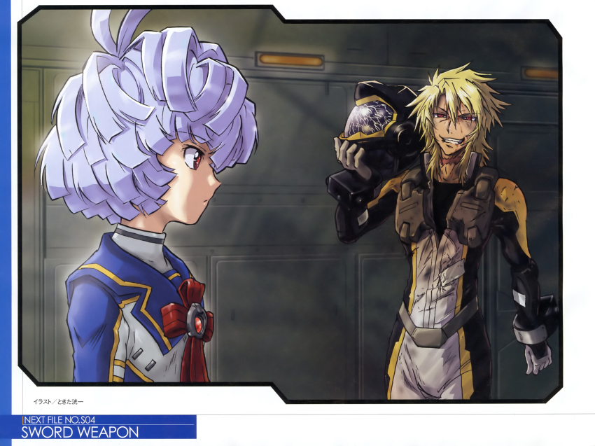00s 1boy 1girl absurdres blonde_hair fon_spaak fon_spark gundam gundam_00 gundam_00f gundam_00p gundam_meister_874 hanayo helmet highres pilot_suit red_eyes ribbon short_hair silver_hair