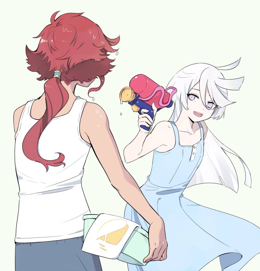 2girls :d alternate_costume bare_shoulders basin blue_dress commentary dress facing_another facing_away grey_eyes gundam gundam_suisei_no_majo hair_between_eyes hand_up highres holding holding_water_gun knightym22 long_hair looking_at_another low_ponytail miorine_rembran multiple_girls open_mouth ponytail red_hair shirt simple_background sleeveless sleeveless_dress sleeveless_shirt smile standing suletta_mercury swept_bangs symbol-only_commentary water_gun wet wet_hair white_hair white_shirt