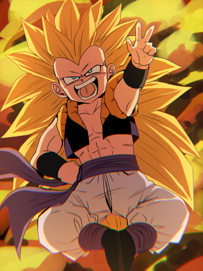 1boy baggy_pants blonde_hair blue_eyes boots chiro_illust cropped_vest dragon_ball explosion gotenks hand_on_own_hip highres metamoran_vest open_mouth pants saiyan solo super_saiyan super_saiyan_3 vest white_pants