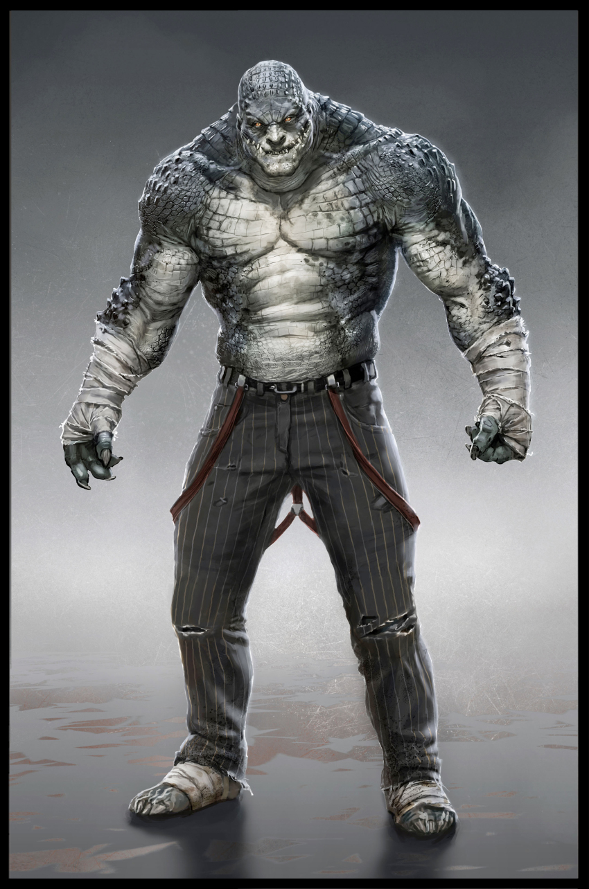 1boy absurdres arm_wrap bandages barefoot batman:_arkham batman:_arkham_asylum batman_(series) border claws dc_comics full_body highres killer_croc male_focus monster pants pinstripe_pants pinstripe_pattern realistic sharp_teeth simple_background solo standing striped suspenders teeth topless_male torn_clothes yellow_eyes