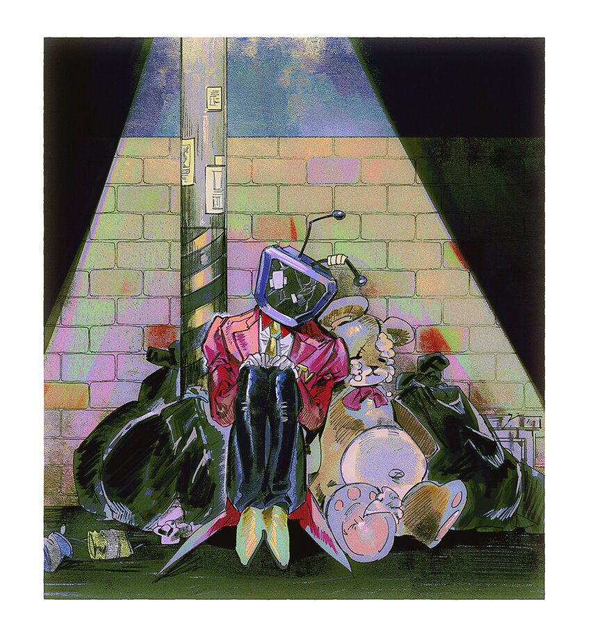 1boy absurdres ant_tenna black_pants blackmaro1 border brick_wall commentary cracked_screen crt crushed_can deltarune english_commentary full_body gloves hands_on_own_knees highres legs_together male_focus necktie object_head pants shoes sitting solo stuffed_animal stuffed_toy tailcoat teddy_bear trash_bag white_border white_gloves yellow_necktie yellow_shoes