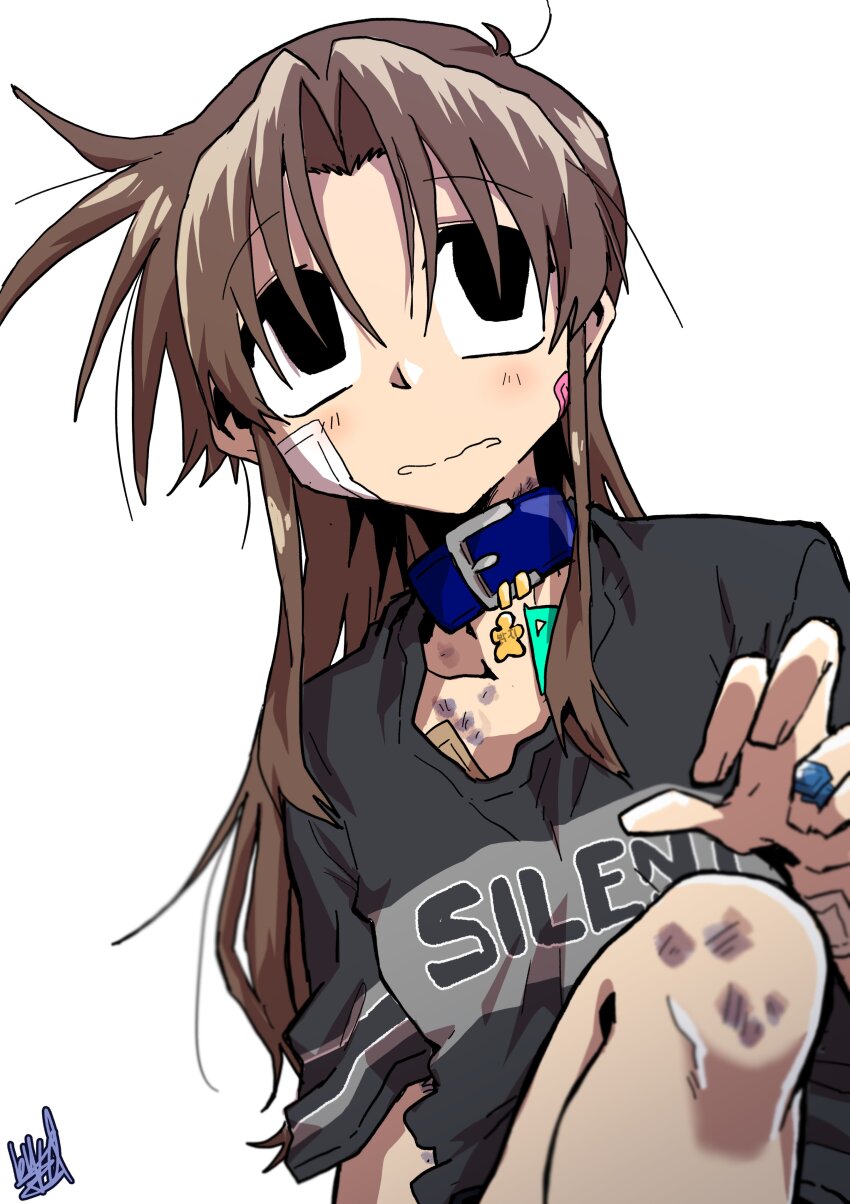 1girl absurdres bandaid bandaid_on_cheek bandaid_on_face black_eyes blue_collar brown_hair bruise collar collarbone ed-chan_(edkuroki) edkuroki gauze gauze_on_cheek gauze_on_chest grey_shirt hair_intakes highres injury long_hair looking_to_the_side messy_hair open_mouth original pink_bandaid print_shirt shirt signature simple_background solo upper_body wavy_mouth white_background