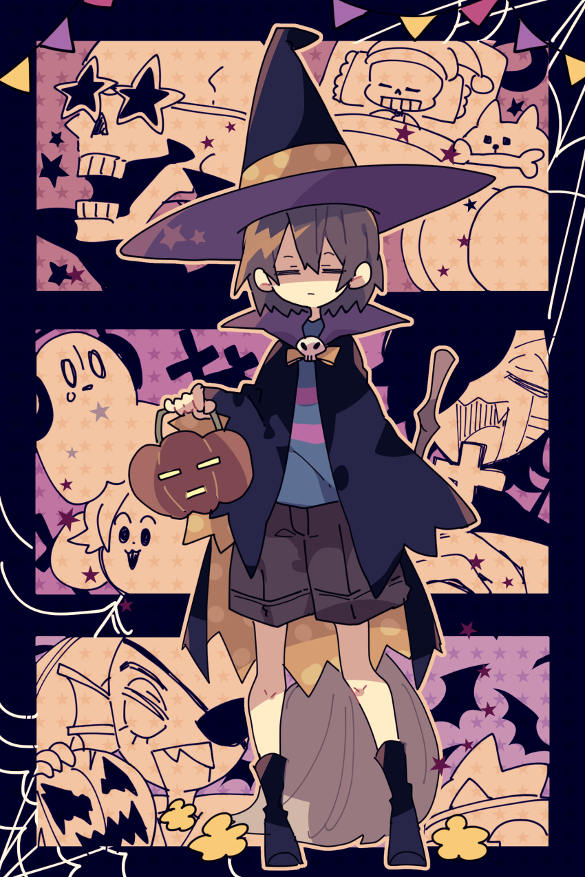 1other 2girls 4boys absurdres alphys annoying_dog black_boots black_capelet blue_sweater boots brown_shorts capelet frisk_(undertale) full_body halloween_costume hat highres holding holding_pumpkin mettaton mettaton_ex multiple_boys multiple_girls napstablook nikorashi-ka papyrus_(undertale) pumpkin purple_stripes sans_(undertale) shorts sweater temmie undertale undyne witch_hat