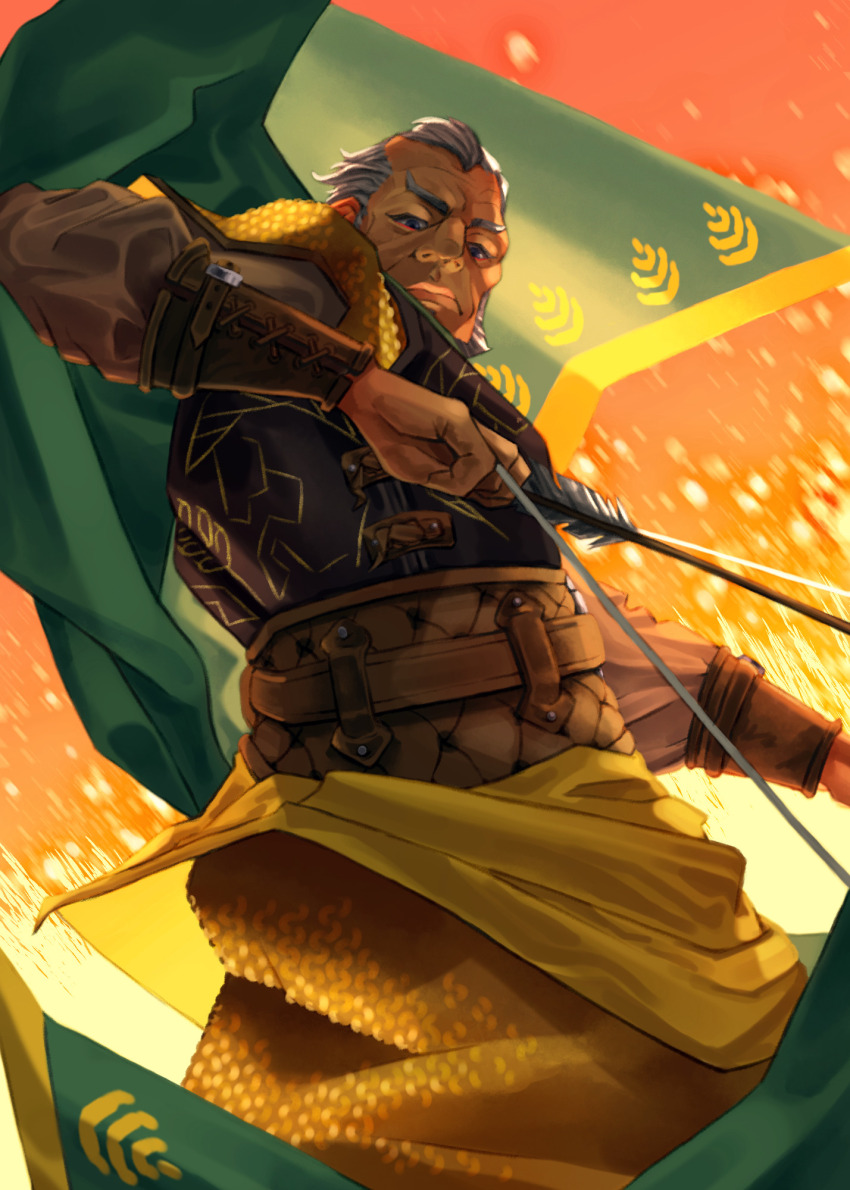 1boy bow_(weapon) bracer cape green_cape grey_hair highres landroi_falkes male_focus old old_man outdoors padded_armor roaldseth solo triangle_strategy weapon