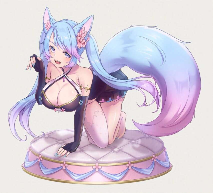1girl animal_ears black_dress black_gloves blue_eyes blue_hair blue_tail breasts cleavage dress elbow_gloves faux_figurine gloves gradient_hair gradient_tail indie_virtual_youtuber kneeling large_breasts multicolored_hair open_mouth pink_hair pink_tail purple_eyes silvervale single_thighhigh smile solo tail thighhighs virtual_youtuber white_thighhighs wolf_ears wolf_girl wolf_tail yumeha_tseru