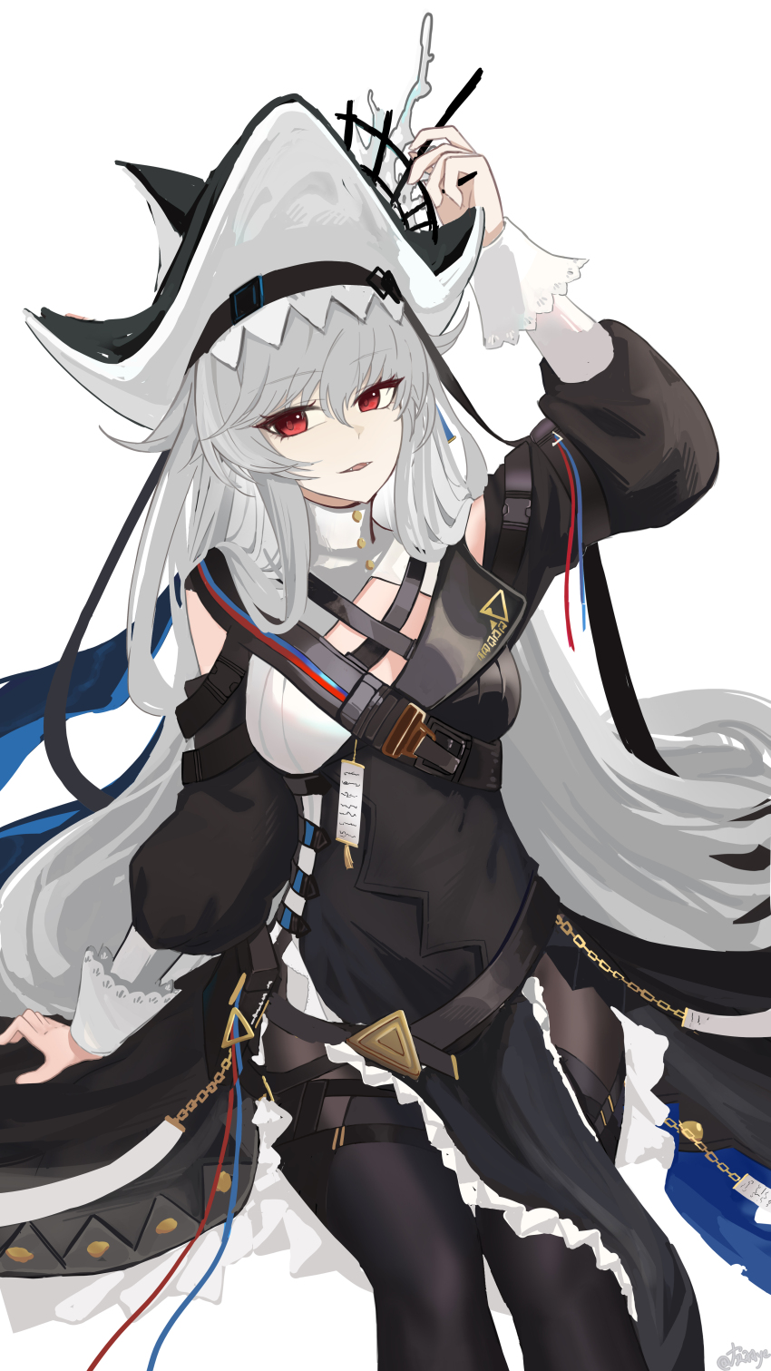 1girl absurdres arknights arm_up black_hat black_pantyhose breasts chinese_commentary cleavage commentary_request grey_hair hair_between_eyes hat highres hui_yu_yu_yu_ye long_hair long_sleeves looking_at_viewer medium_breasts pantyhose parted_lips red_eyes simple_background sitting solo specter_(arknights) specter_the_unchained_(arknights) two-sided_fabric two-sided_headwear white_background white_hat