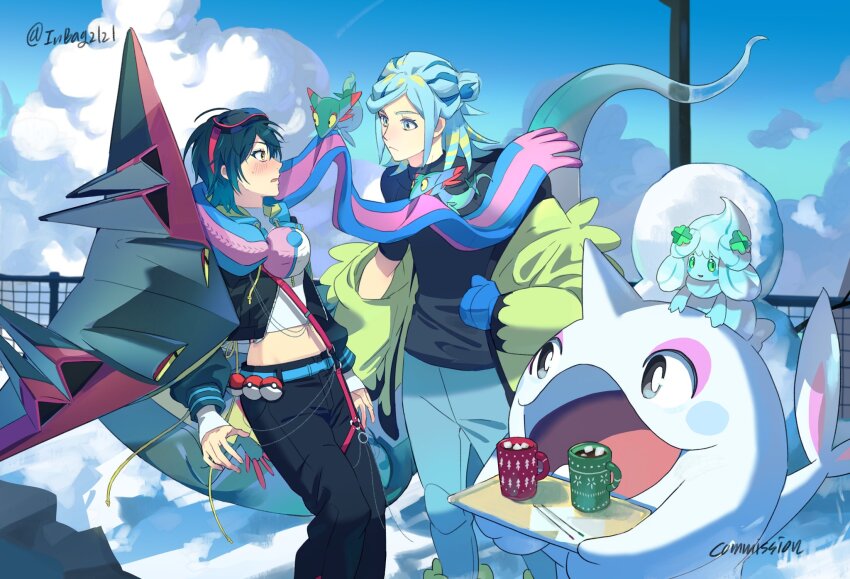 1boy 1girl alcremie belt black_hair black_jacket black_pants black_shirt blue_belt blue_hair cetoddle ch_walnut cloud commentary_request commission cropped_shirt cup day dragapult dreepy fence food gen_8_pokemon grusha_(pokemon) highres hot_chocolate jacket korean_commentary marshmallow nintendo open_clothes open_jacket outdoors pants pokemon pokemon_(creature) pokemon_sv shirt short_hair sky snow strap