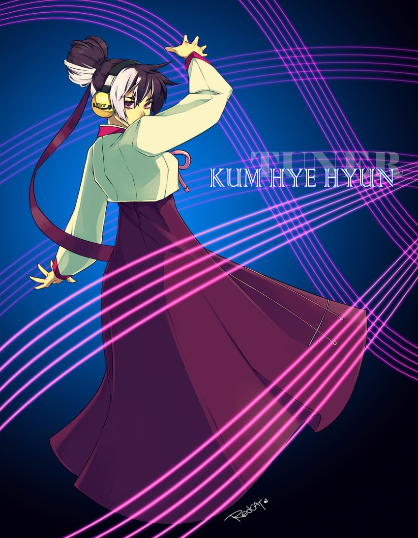 1girl black_hair character_name cropped_jacket dress female_focus glowing guilty_gear guilty_gear_xrd hair_bun hair_ribbon headphones highres korean_clothes kum_haehyun long_dress multicolored_hair neon_trim purple_dress purple_eyes redcat ribbon short_hair signature single_hair_bun solo string two-tone_hair white_hair