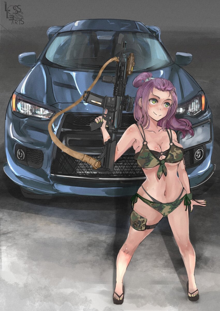 1girl arm_at_side artist_logo artist_name assault_rifle bangs_pinned_back bare_arms bare_shoulders bikini black_sandals blue_car blush borrowed_character breasts camouflage camouflage_bikini car check_vehicle cleavage closed_mouth collarbone commentary commission english_commentary flip-flops floating_hair full_body green_bikini green_eyes grey_background gun gun_sling h&amp;k_hk416 hair_rings highleg highleg_bikini highres holding holding_gun holding_weapon laser_sight layered_bikini legs_apart logo long_hair looking_up losslessarts magazine_(weapon) medium_breasts mitsubishi_lancer mitsubishi_lancer_evo_x mitsubishi_lancer_evolution mitsubishi_motors motor_vehicle navel optical_sight original outstretched_hand pouch purple_hair rail_(weapon) rifle sandals side-tie_bikini_bottom single_hair_ring smile solo standing star_(starnight17) stomach swimsuit thigh_pouch thigh_strap trigger_discipline vehicle_request weapon woodland_camouflage wristband