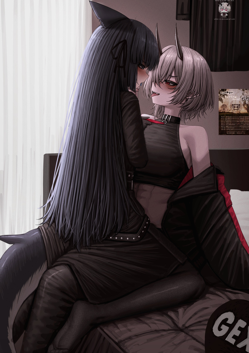 2025 2girls absurdres after_kiss artemis_of_the_blue atelier_live black_hair black_horns blue_tongue colored_tongue commentary cross cross_earrings earrings english_commentary fins fish_tail highres horns imp indie_virtual_youtuber jewelry lobsteranian multiple_girls pointy_ears red_eyes rinkya saliva saliva_trail shark_fin shark_girl shark_tail short_hair tail tongue tongue_out virtual_youtuber yuri