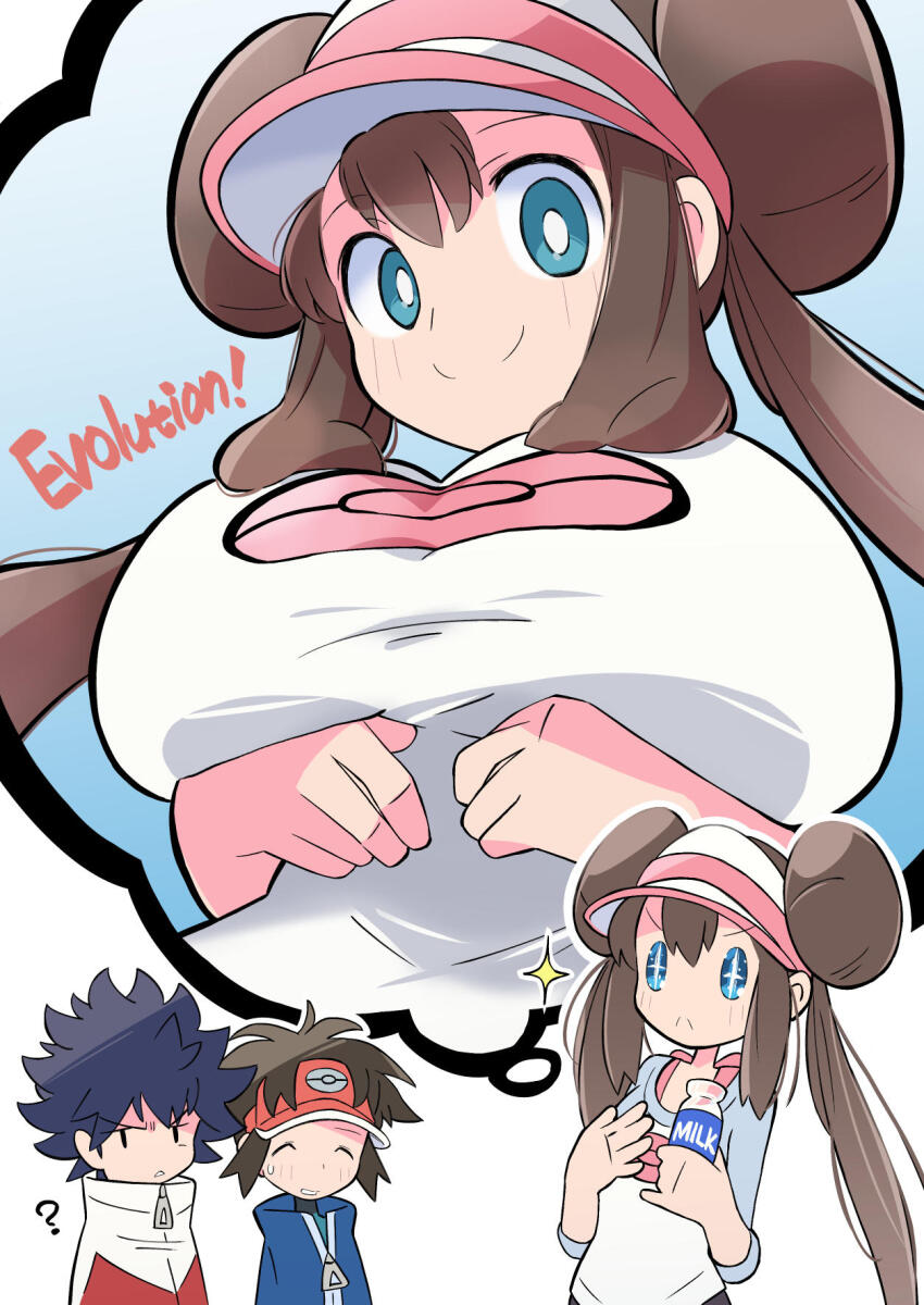 1girl 2boys :&lt; ? ^_^ alternate_breast_size blue_eyes blue_hair blue_jacket blue_shirt bottle breast_expansion breast_focus breast_lift breasts brown_hair closed_eyes closed_mouth commentary_request donut_hair_bun double_bun english_text hair_bun hands_on_own_chest highres holding holding_bottle hugh_(pokemon) imagining jacket large_breasts long_hair looking_at_another looking_at_viewer milk_bottle multicolored_jacket multiple_boys nate_(pokemon) nintendo pantyhose parted_lips poke_ball_print pokemon pokemon_bw2 print_shirt rascal_(feuille) red_jacket rosa_(pokemon) shirt short_hair sidelocks small_sweatdrop smile solo_focus sparkle sparkling_eyes speech_bubble spiked_hair standing thought_bubble twintails two-tone_jacket two-tone_shirt visor_cap white_background white_jacket white_shirt zipper zipper_pull_tab