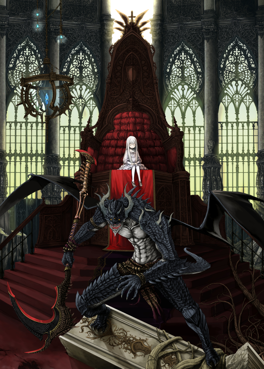1girl absurdres anago anago_(cameo) annotated bone bracelet cameo castle child claws crystal demon dragon dress eiken_(studio) closed_eyes fangs glowing highres holding horns jewelry kooten_bergh_no_youhei long_hair looking_at_viewer monster original overgrown pillar plant princess sazae-san scales scythe sharp_teeth sitting skull sleeping sleeping_beauty spikes stairs stance standing tail teeth throne vines weapon white_hair wings